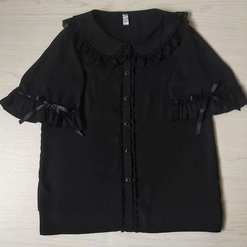 Sweetheart Dream Machine - Ribbon Doll Collar - Short-sleeve blouse with ribbon-tied ruffle cuffs