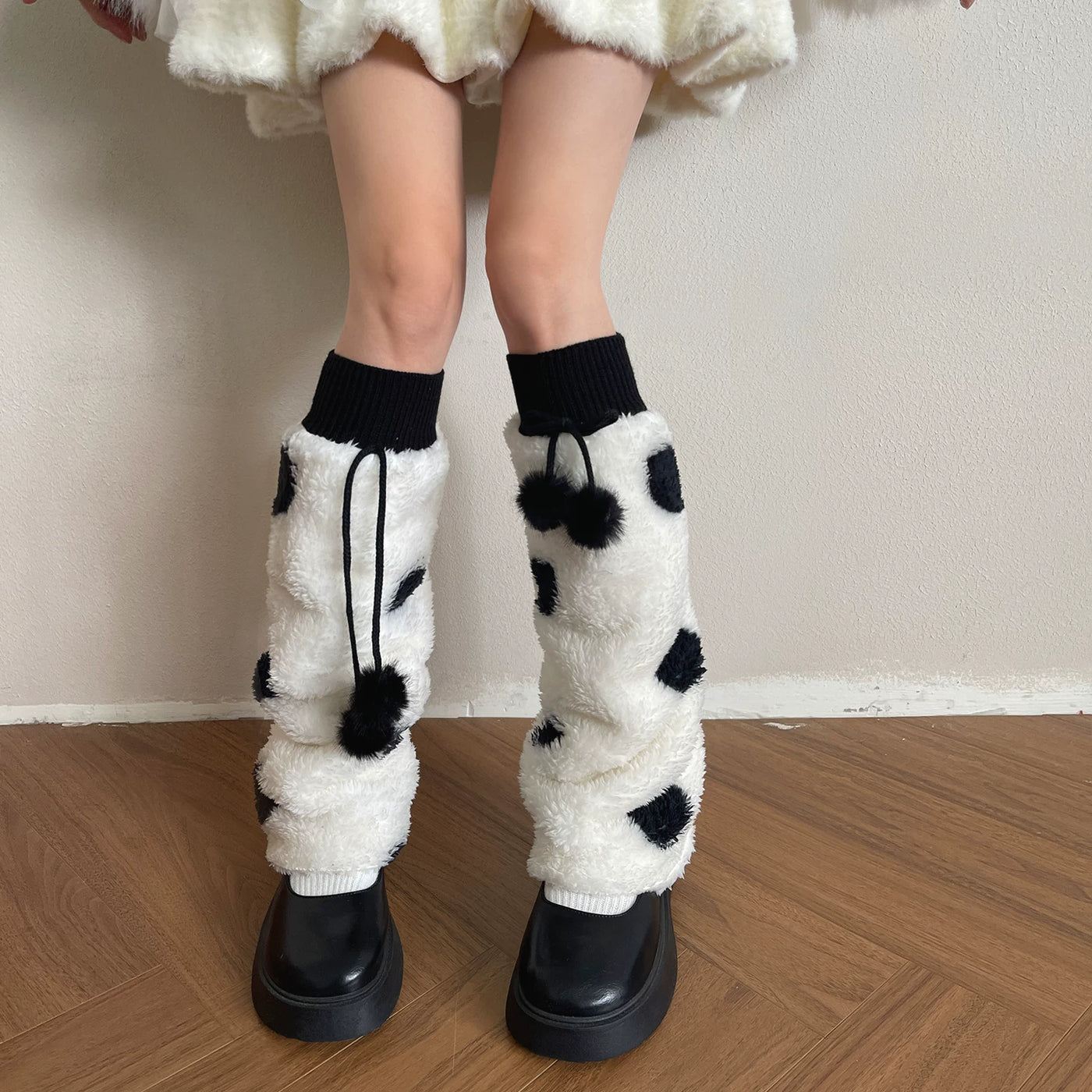 Sock Noble - Cream Polka Dot - Fluffy Sock Covers with Pom-Pom Ties