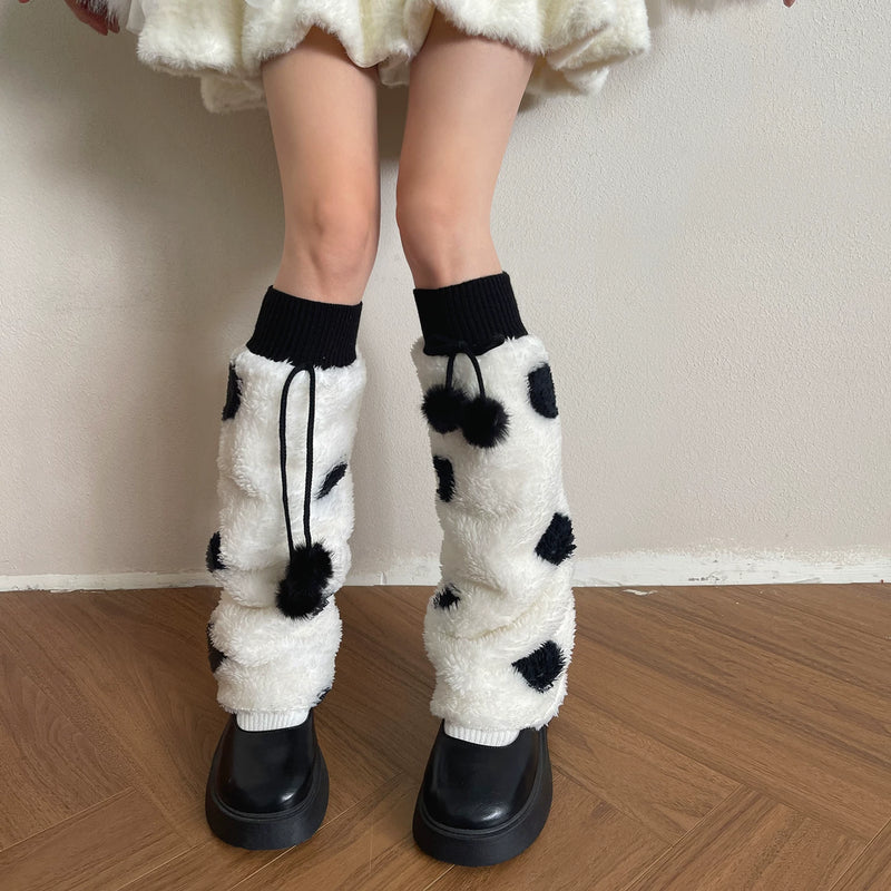 Sock Noble - Cream Polka Dot - Fluffy Sock Covers with Pom-Pom Ties