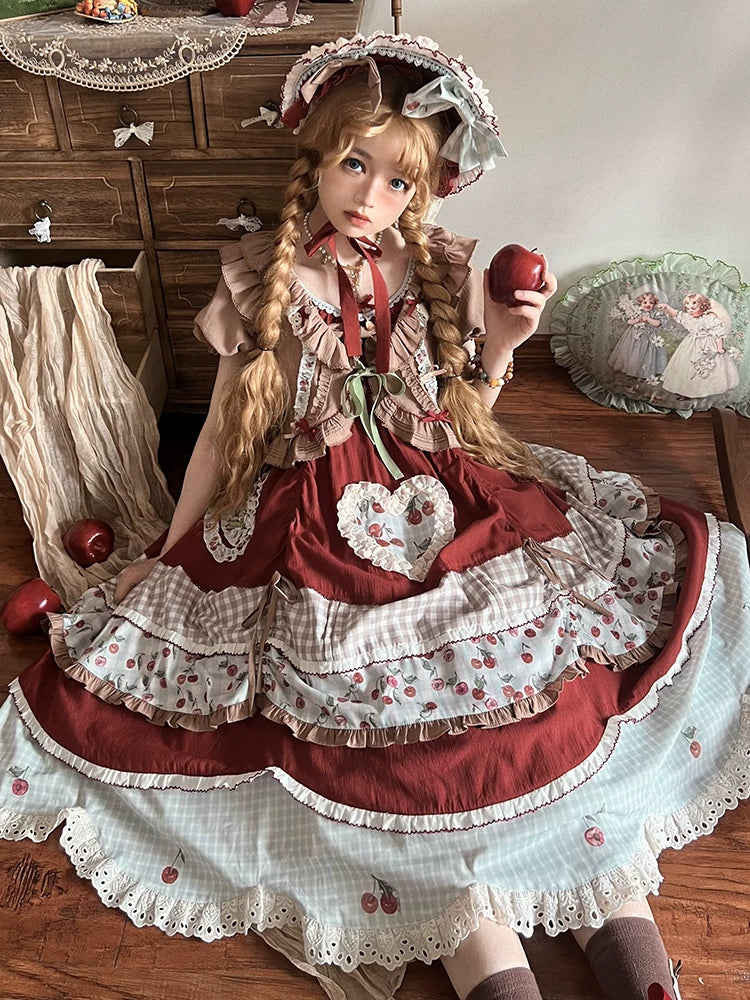Baozi Pig - Cherry Pastoral - Red OP Dress with Cherry Print