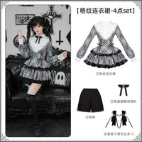 With PUJI - Doki! · Autumn Limit - Sweet Lolita OP Dress, Ruffle Trim - Plaid Dress 4-piece set (plaid dress + shorts + Nocturne brooch + oxygen ion edge clips *2) Pre-order, shipping gradually from October 26 / S