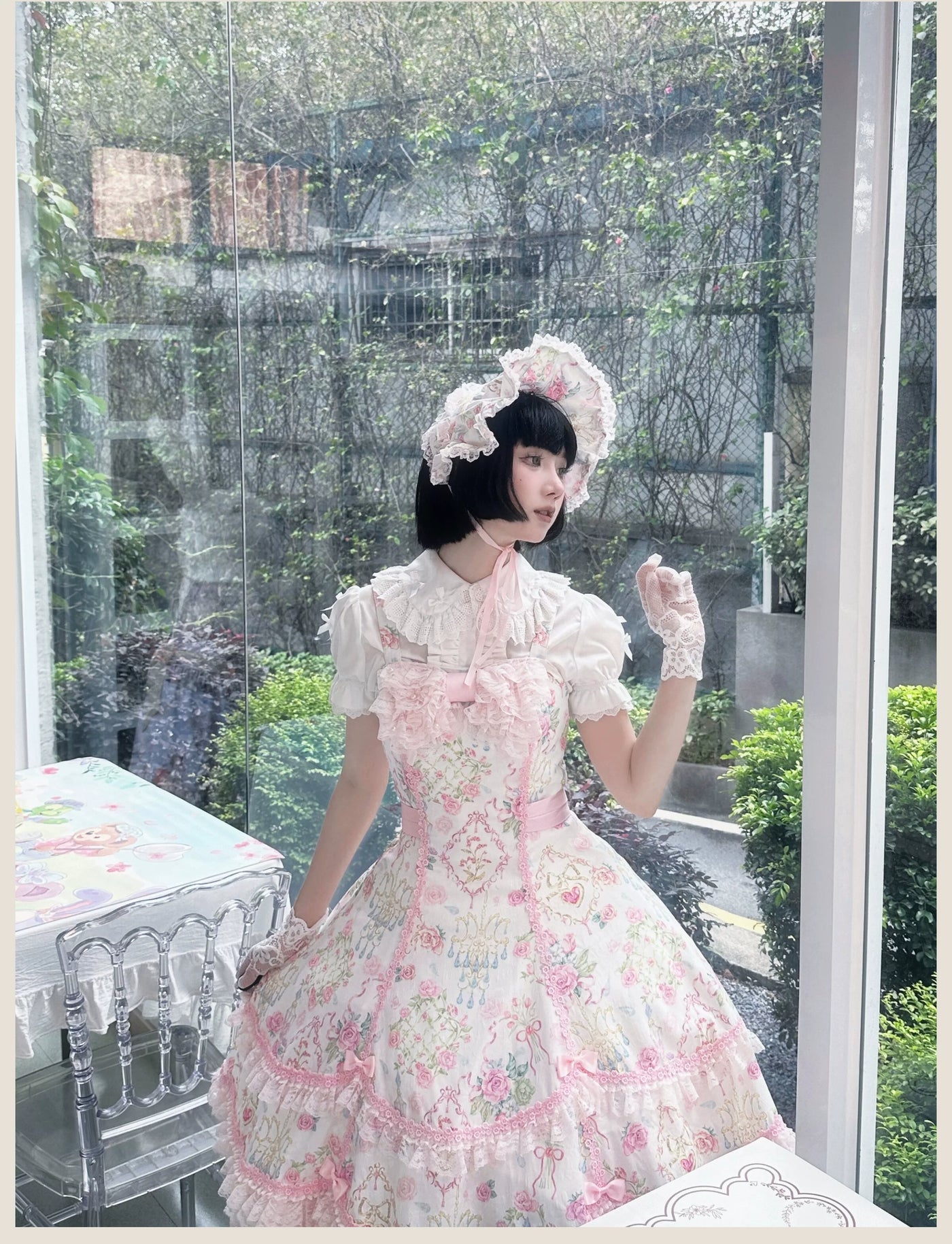 Tata Long Ear - Spring 2025 Floral Wall - Floral Print JSK Dress with Layered Lace Ruffles