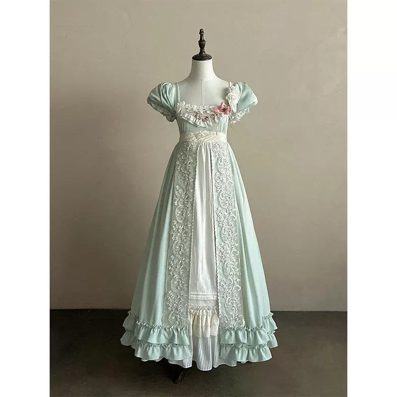 Creamy - Forest Empire - Green One-Piece Dress with Lace-Trimmed Panels