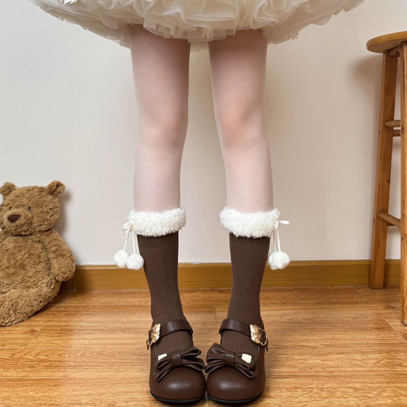 Chubby Bear Tales - Fluffy Winter - Mid-Calf Scrunch Socks with Pom-Pom or Bow Cuffs