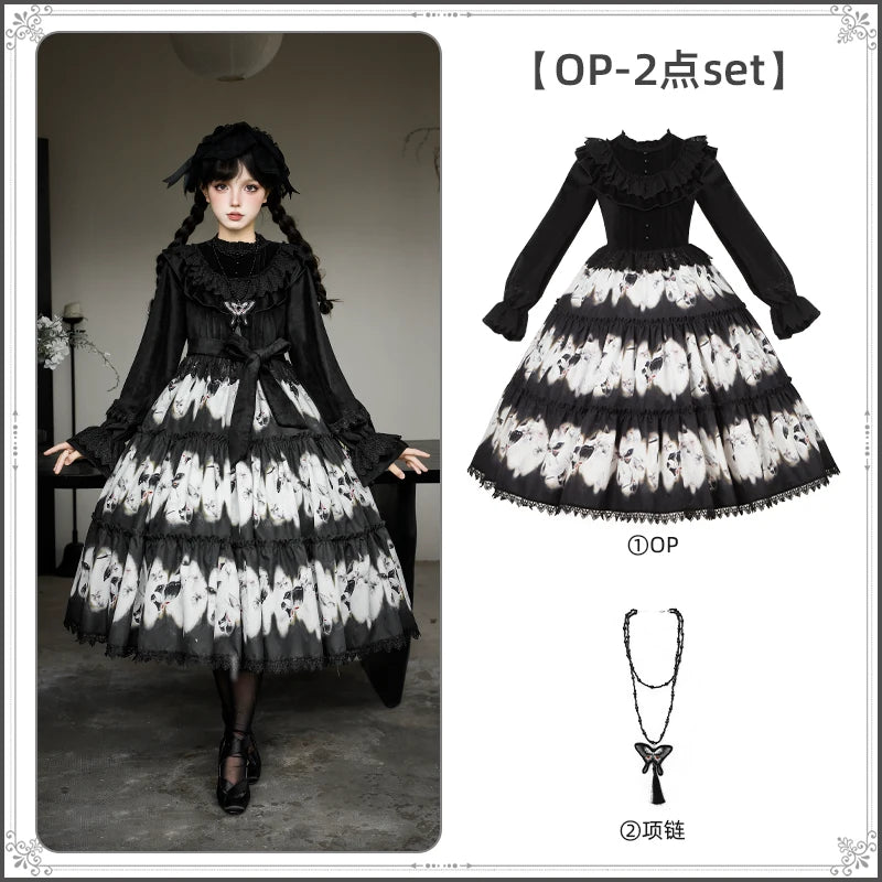 With PUJI - Dead Leaf Butterfly - Gothic Lolita JSK & OP Dress Set, Butterfly Print detail view 7