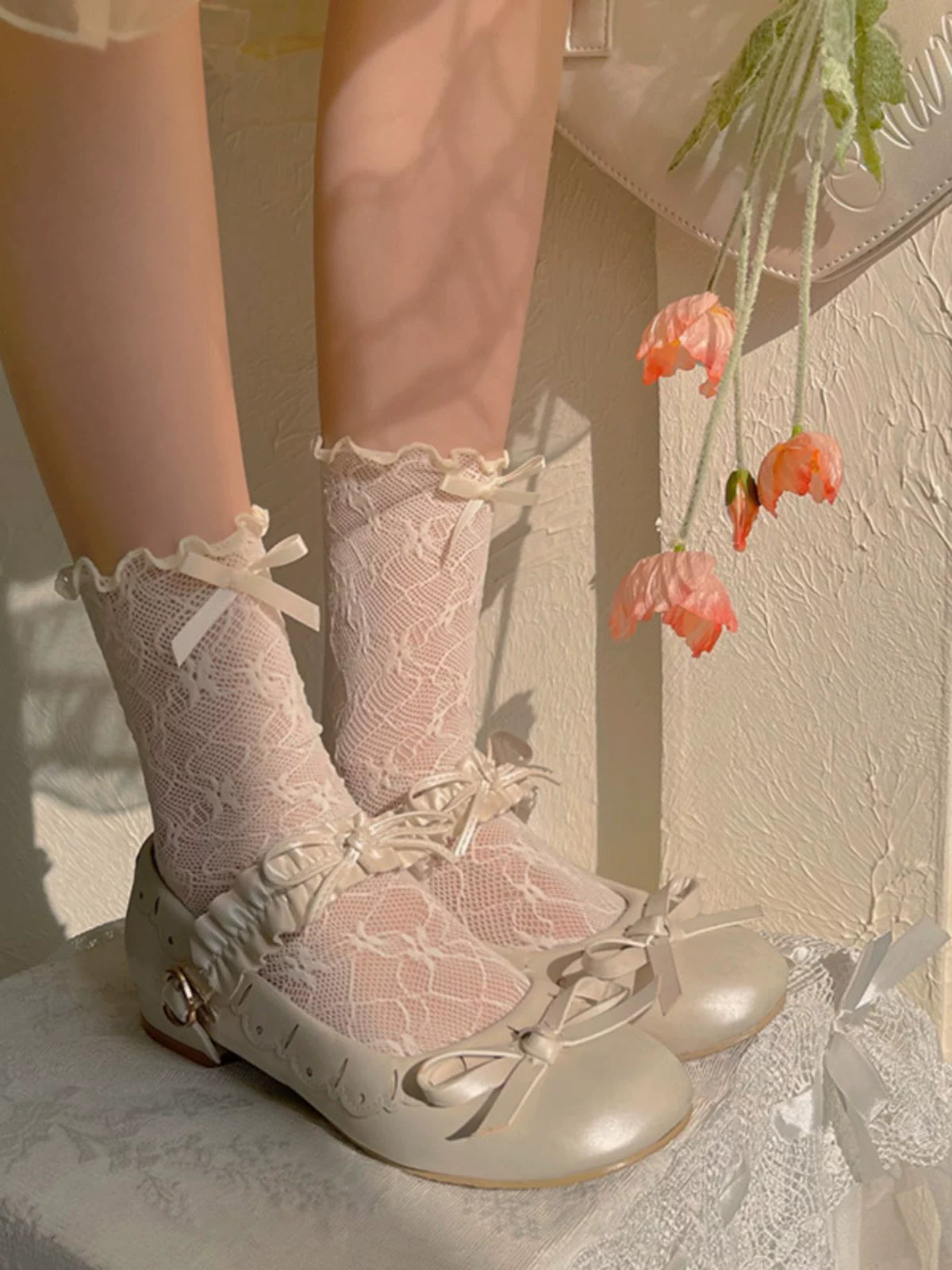 Sock Noble - Candy Lace Bow - Lace-Trimmed Slouch Socks with Ribbon Bows