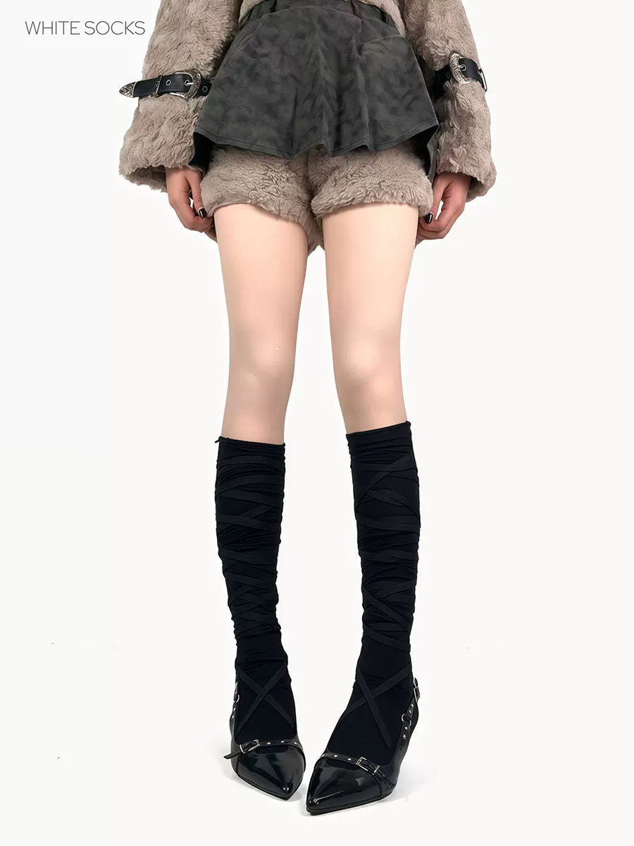 White Socks - Ballet Wrap - Over-the-knee socks with wraparound ribbon ties