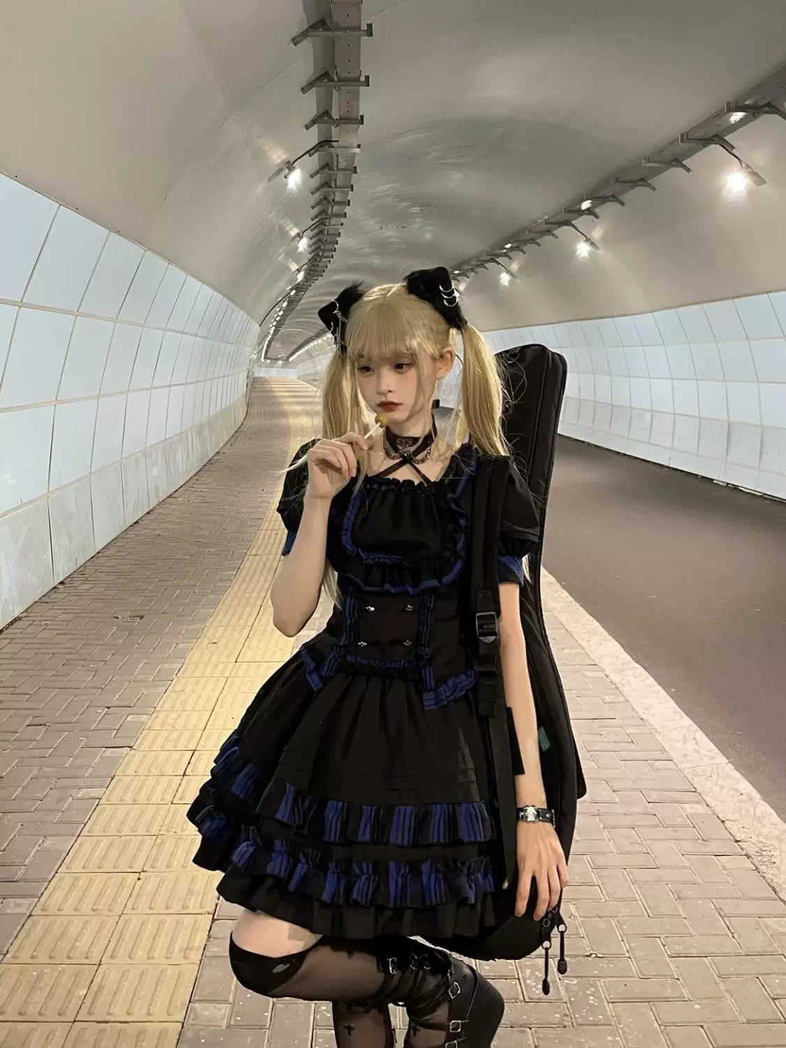 Sweetheart Dream Machine - Punk Cat - Two-Piece Lolita Dress Set with Tiered Ruffles