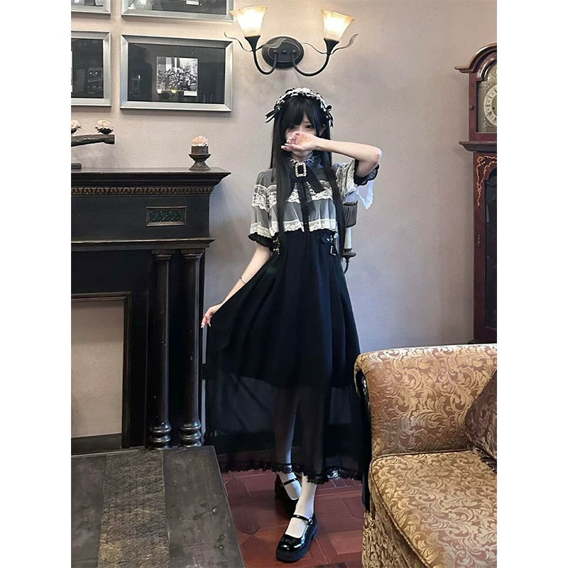 Creamy - Gothic Lolita Midi Dress - Black short-sleeved Lolita dress