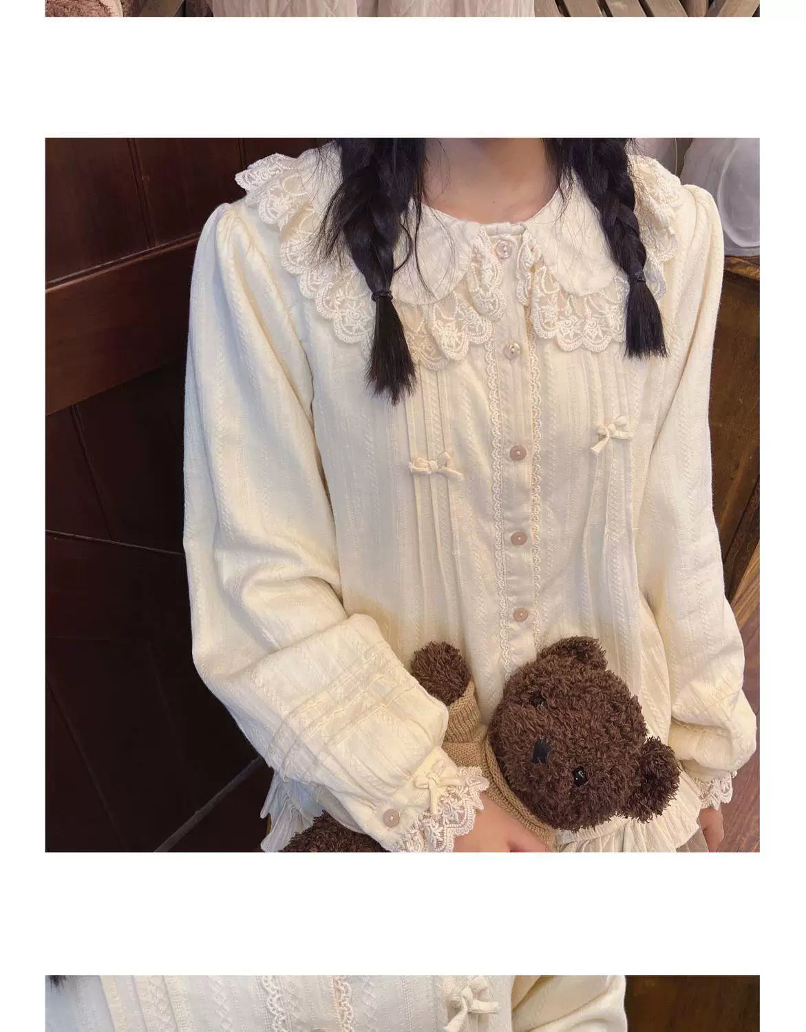 Sweetheart Dream Machine - Lace Collar Classic - Lace-Collar Long-Sleeve Blouse with Front Bows