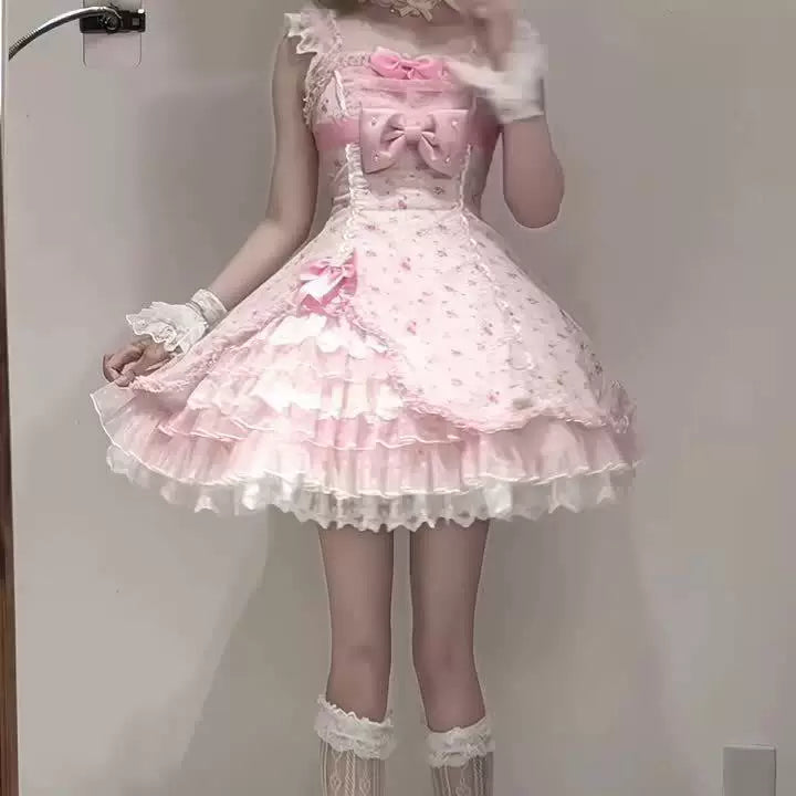 Sweetheart Dream Machine - Spring Shattered Lace Pink - Lolita skirt set with tiered lace and bows