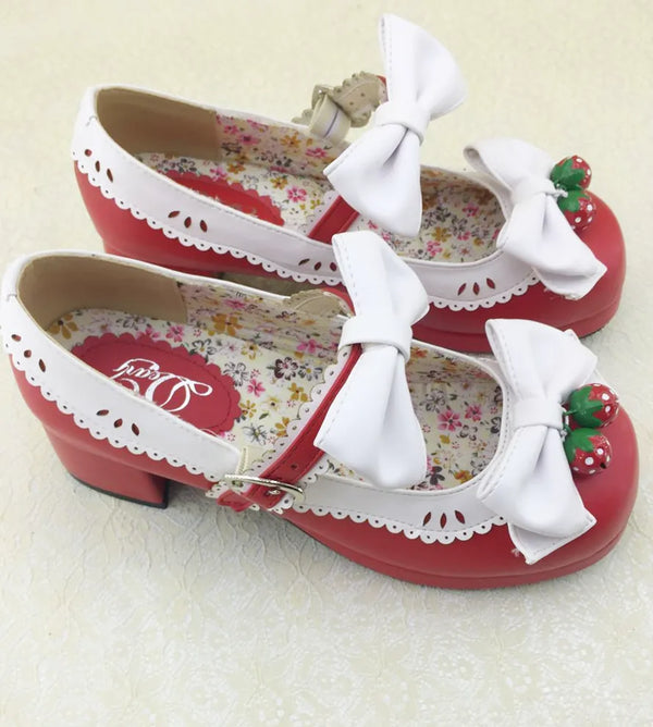 Meixie Strawberry Bell red Mary Jane shoes with white bows and scalloped trim