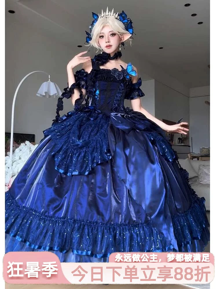 Blue off-shoulder Lolita ball gown with tiered skirt and rose appliqués