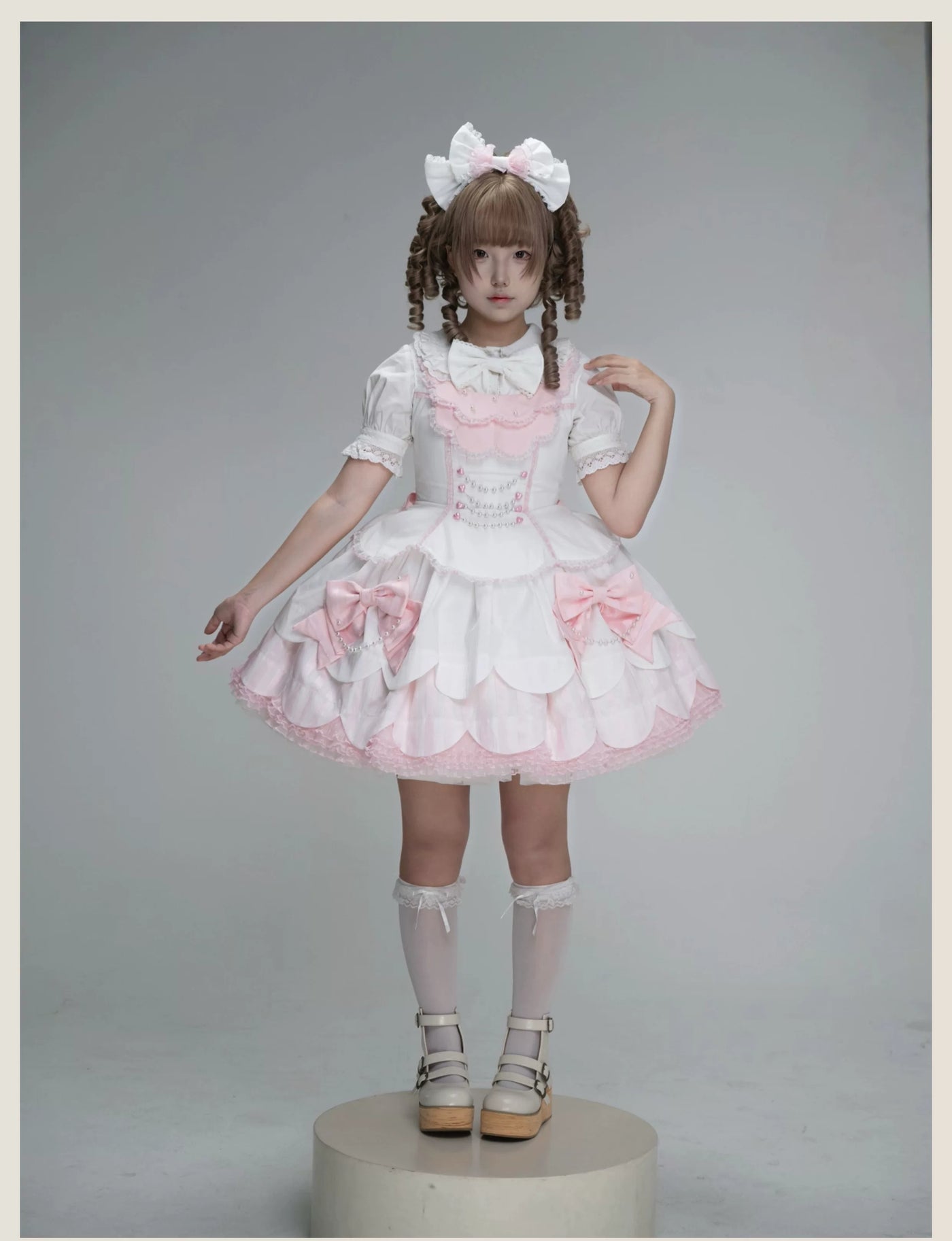 Tata Long Ear - Pearl Princess - White-and-Pink JSK Dress with Pearl Details and Scalloped Layers
