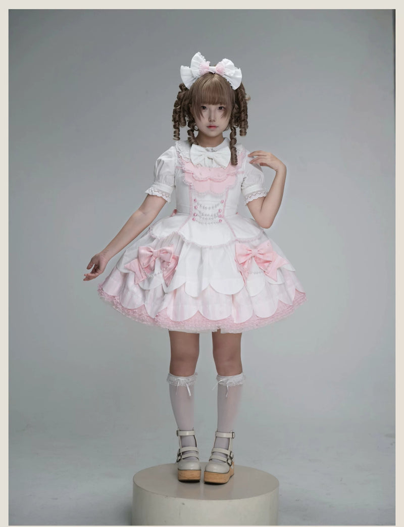 Tata Long Ear - Pearl Princess - White-and-Pink JSK Dress with Pearl Details and Scalloped Layers