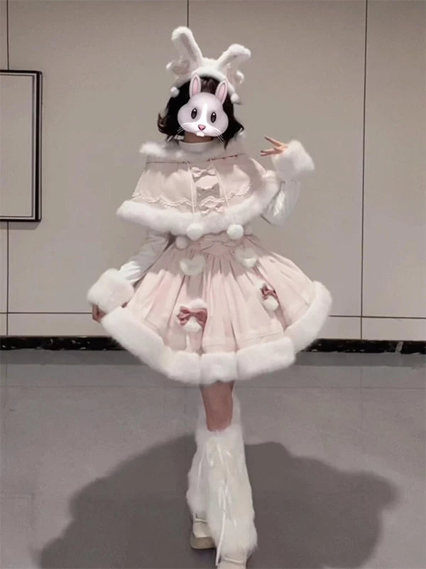 Pink bunny-inspired Lolita dress set with a white trimmed cape