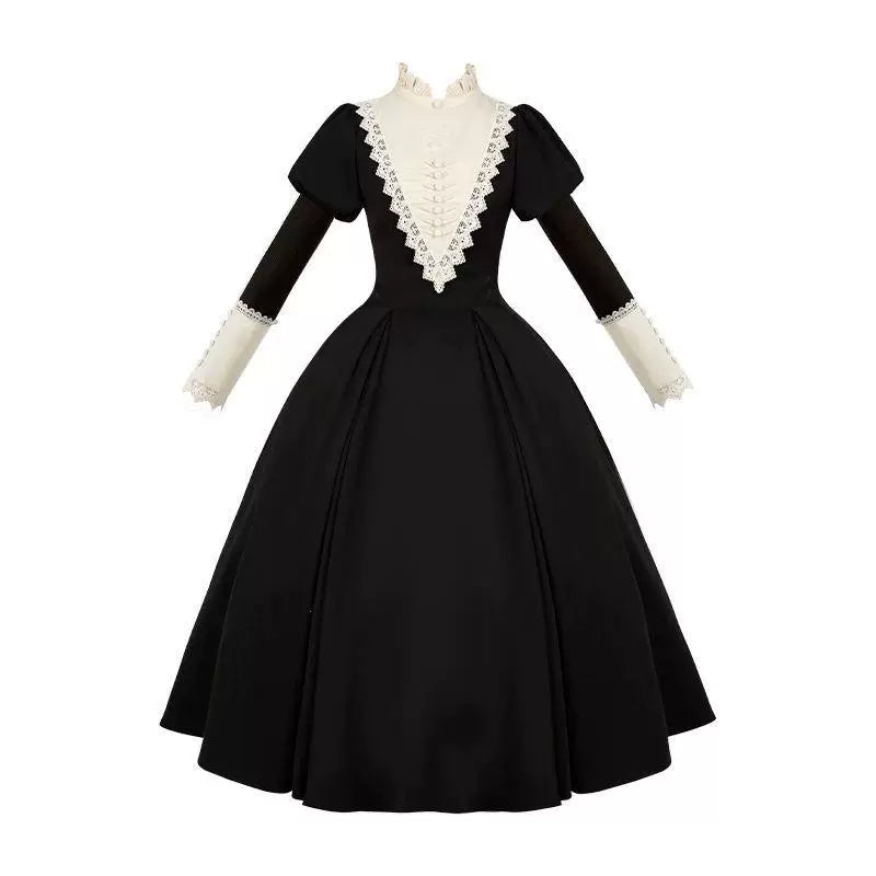 Black Gothic Lolita long OP with floor-length skirt, lace trim, and apron front panel