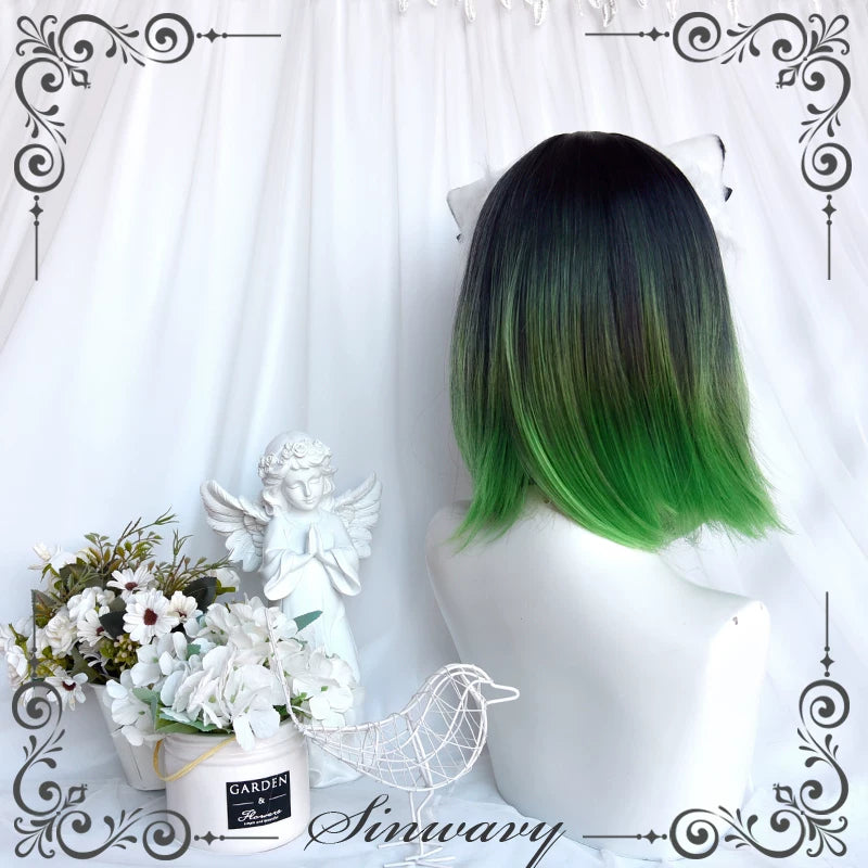Black-green gradient short straight wig - view 3