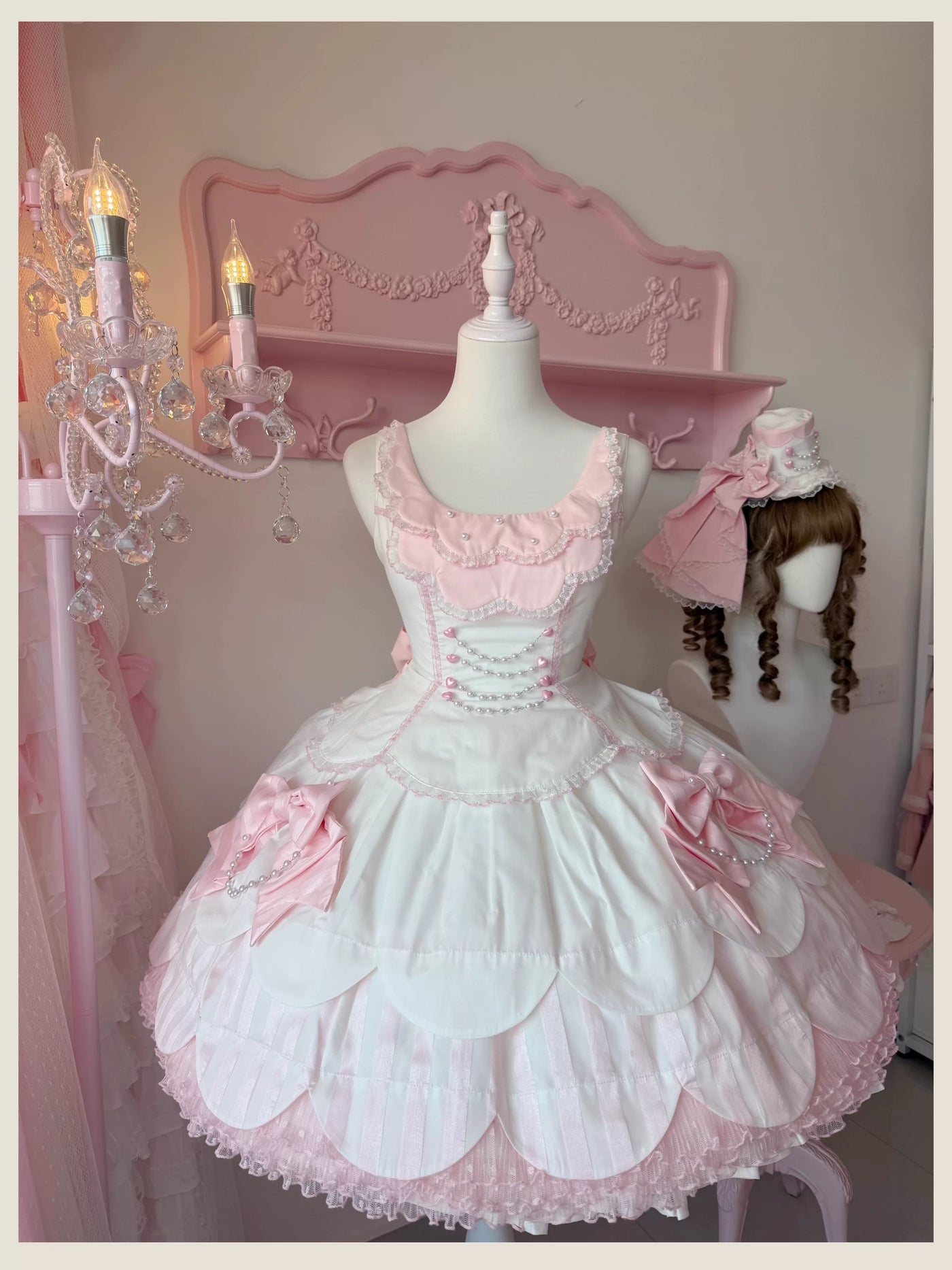 Tata Long Ear - Pearl Princess - White-and-Pink JSK Dress with Pearl Details and Scalloped Layers