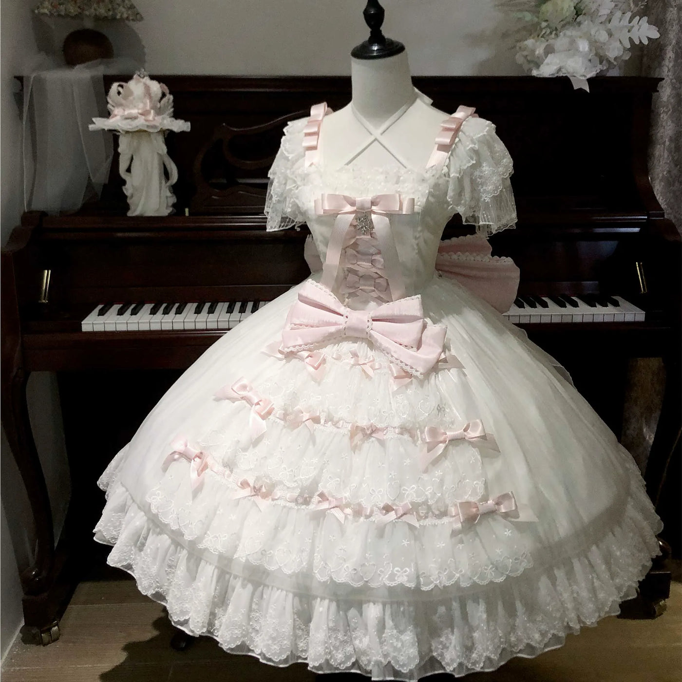 Moon Lily - Love Snow - White-and-Pink or Pure-White JSK with Layered Lace and Bows