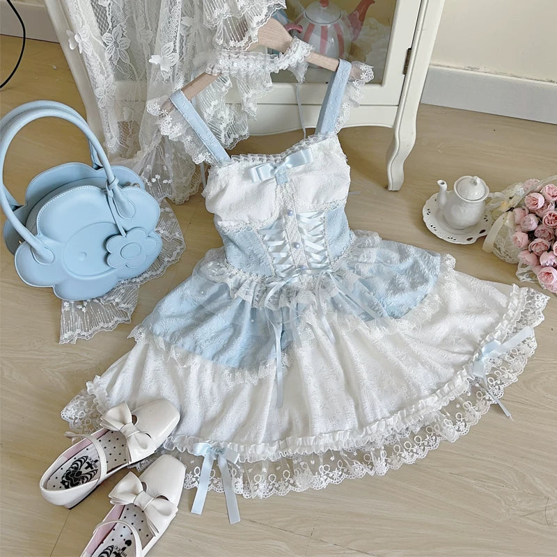 Lady Han Lolita Fufu Ballet Bridal JSK dress with ruffled details and floral accents, styled in a classic ballet-inspired design.