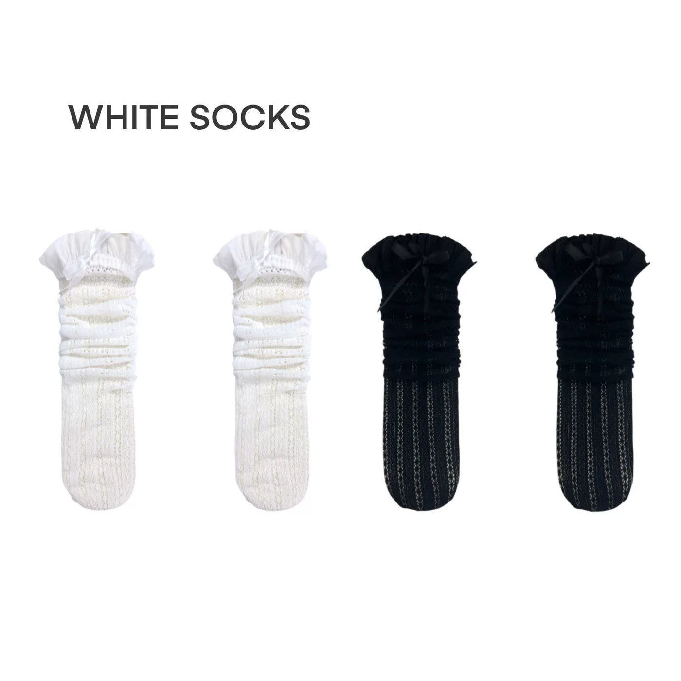 White Socks - Ballet Bow - Openwork Mid-Calf Socks with Ruffled Cuffs