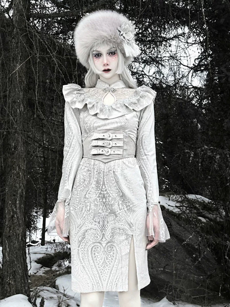 BLOOD SUPPLY: Call of the Snow Country White Gothic Waist Cincher, product view 5