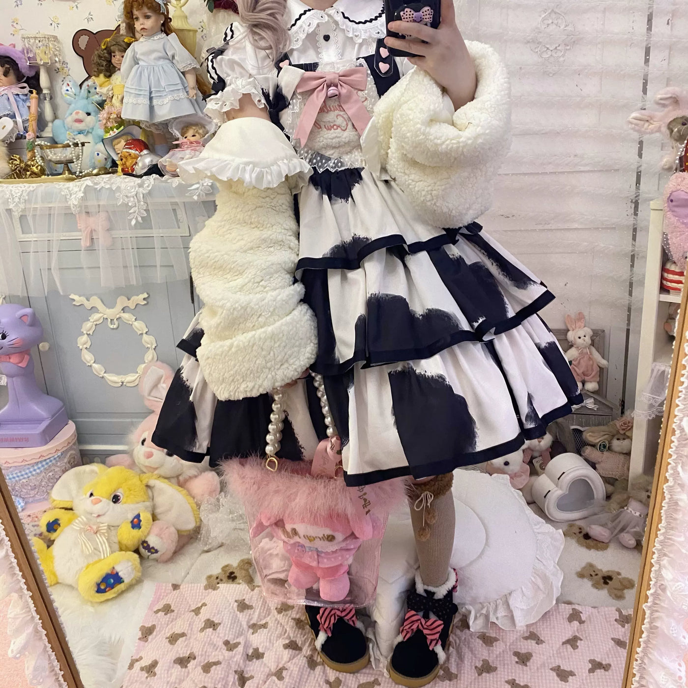 Tata Long Ear - Milk Cake Cow Print - Cow-Print JSK Dress with Three-Section Skirt
