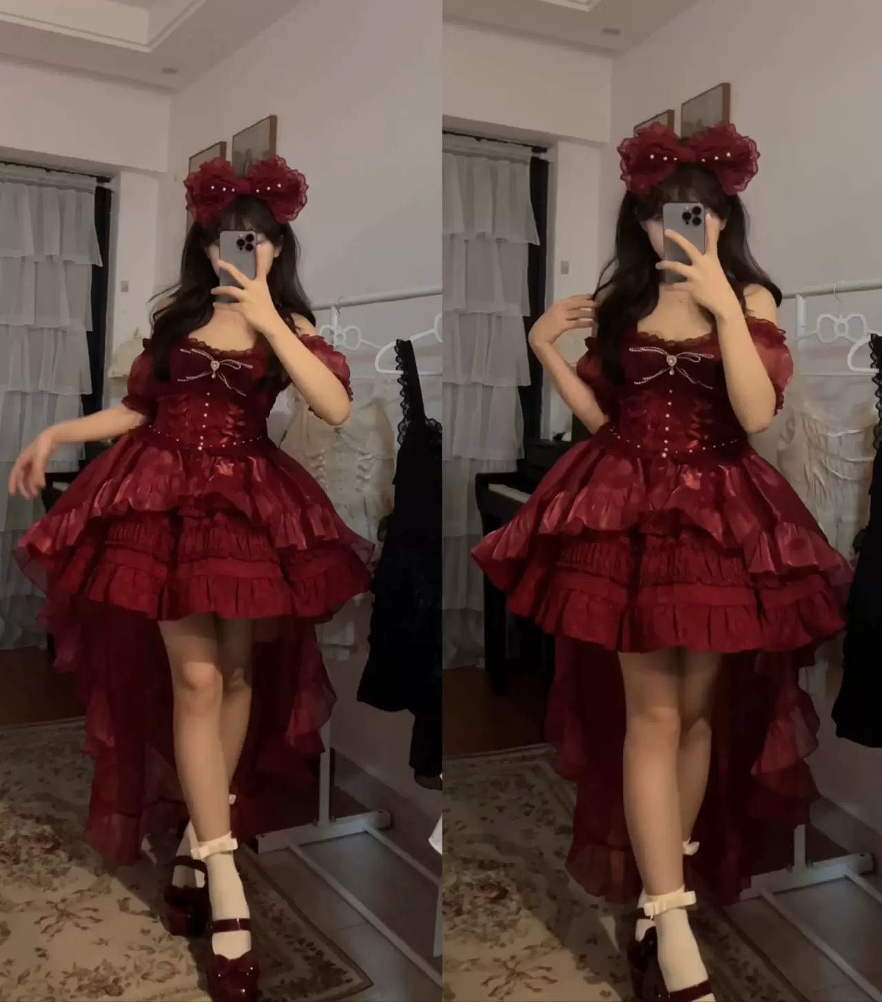Rose Tale - Sweet Lolita Accessories Summer Trailing Short Sleeves KC One Size Burgundy trailing