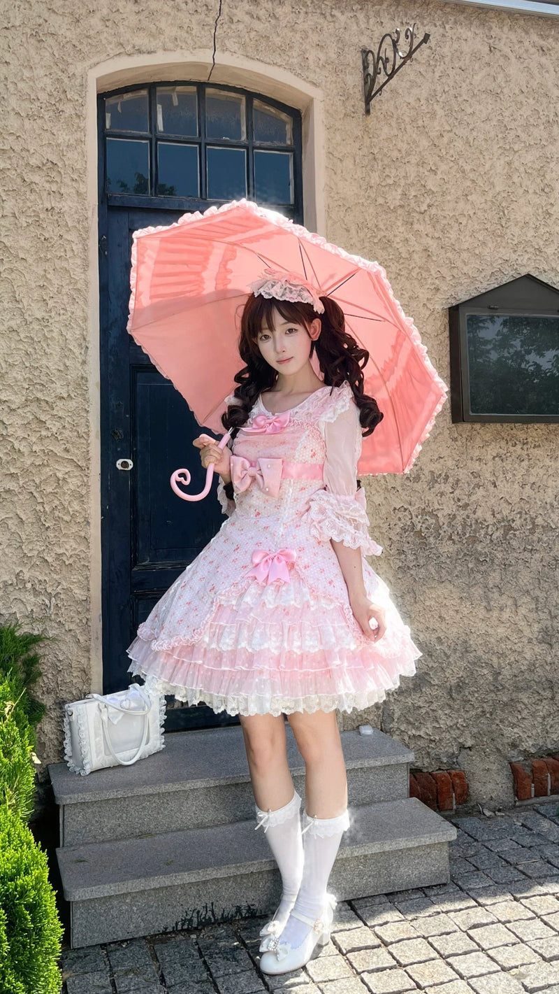 Strawberry Sweetie Bear - Spring Bud - Old School Lolita Floral Print JSK Dress, Layered Skirt