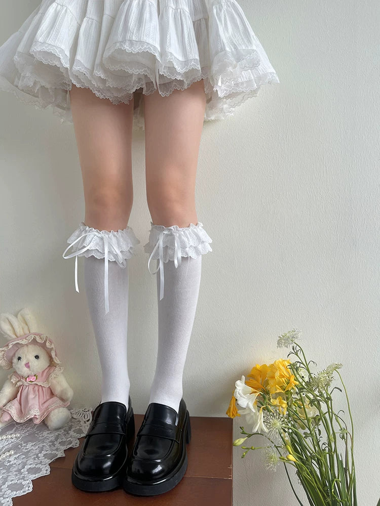 Sock Noble - Double Lace Bow - Embroidered Mid-Calf Lolita Socks with Bow Cuffs