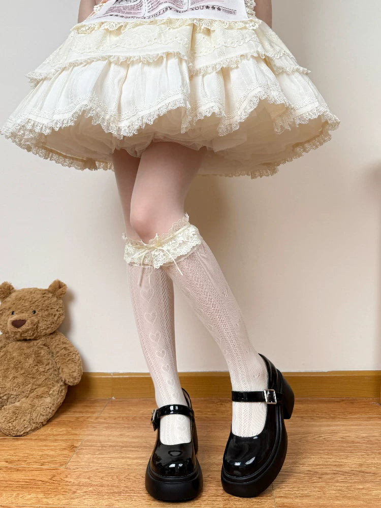 Chubby Bear Tales - Edith - Openwork Mid-Calf Socks with Lace Cuffs and Bows