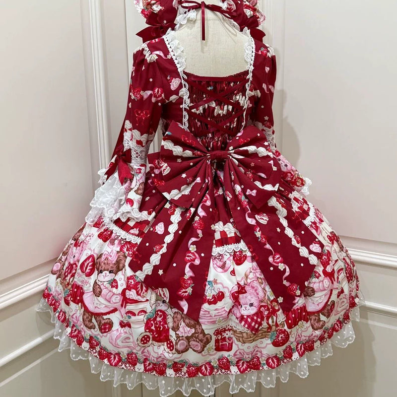 Tiantian - Strawberry - Long-Sleeved OP Dress with Lace Bows