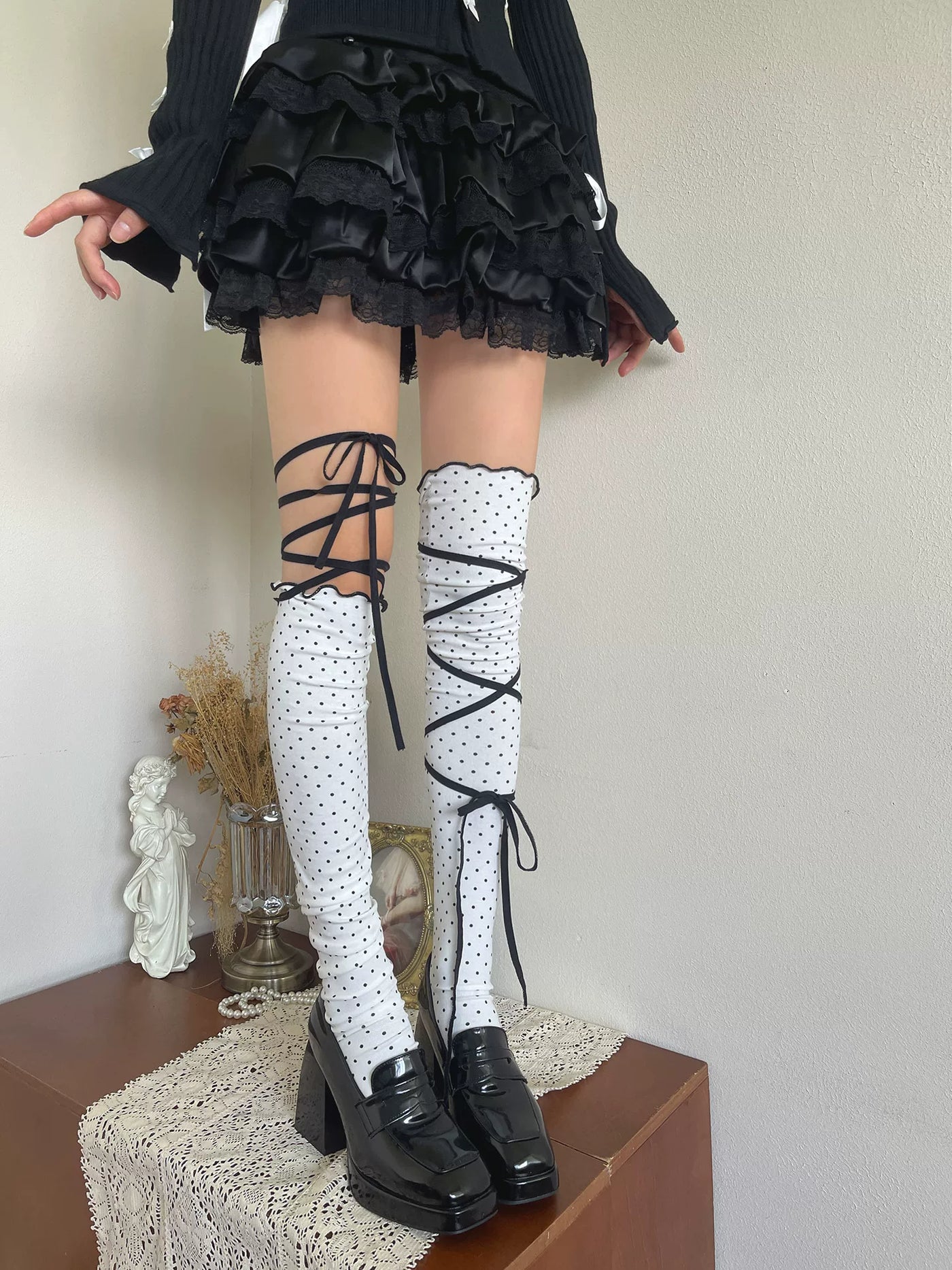 Sock Noble - Vintage Polka-Dot - Polka-Dot Over-the-Knee Socks with Wraparound Ribbons