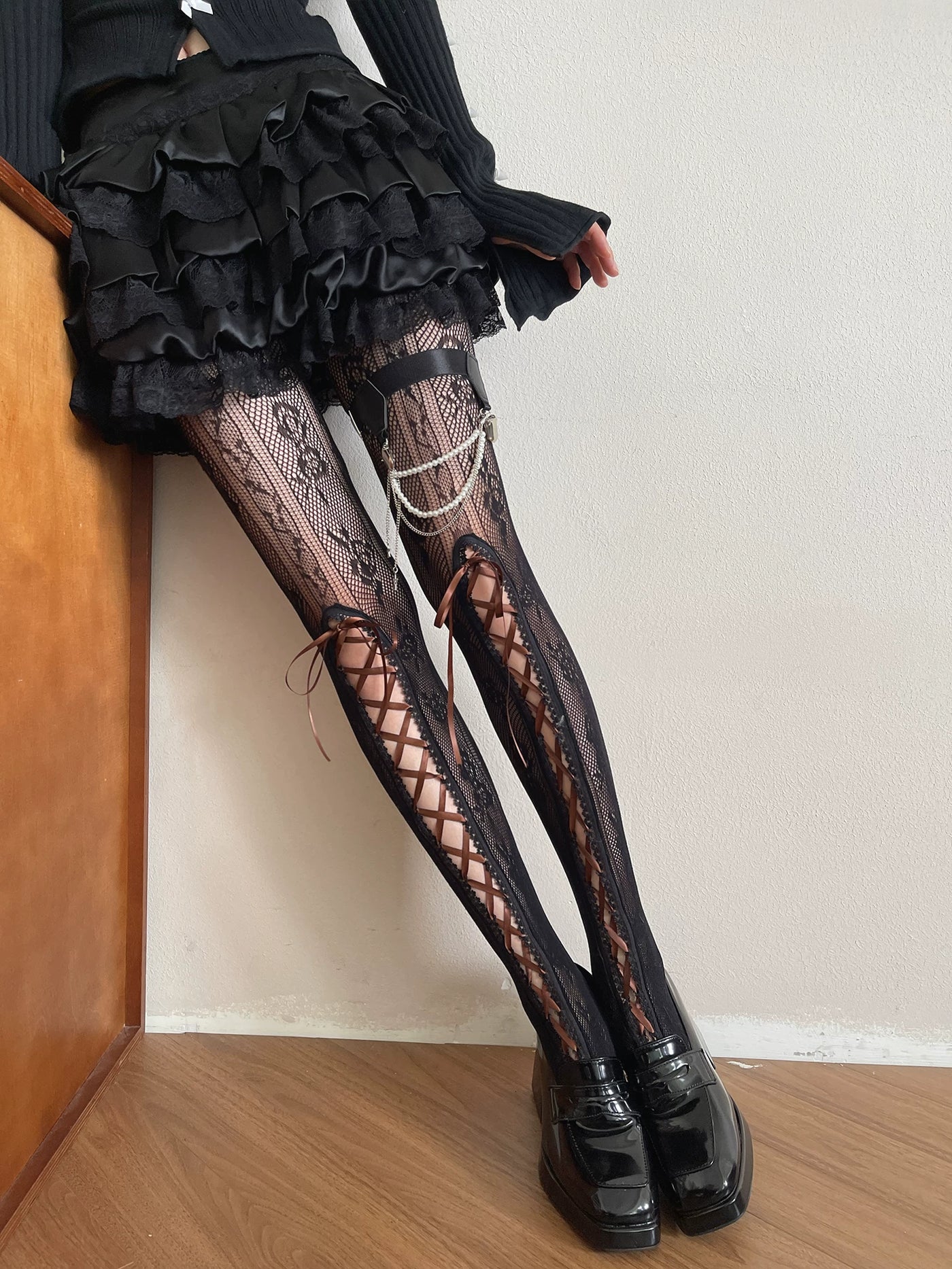 Sock Noble - Lace Strap Ballet - Lace Side-Lacing Tights with Coloured Band Options