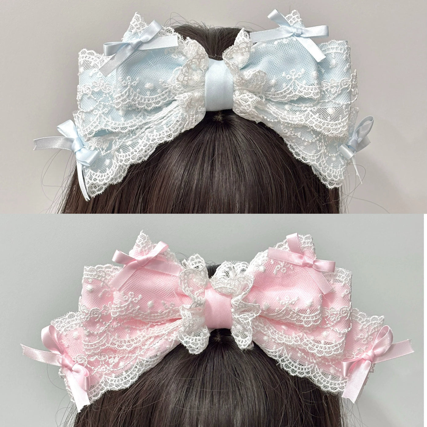 Cat Tart lace-trimmed KC hair accessories in blue and pink with large bows