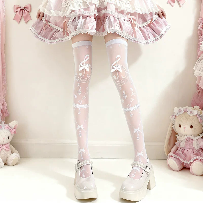 Fantasy Doll - Musical Note Sweetness - White Thigh-High Socks with Bow Accents
