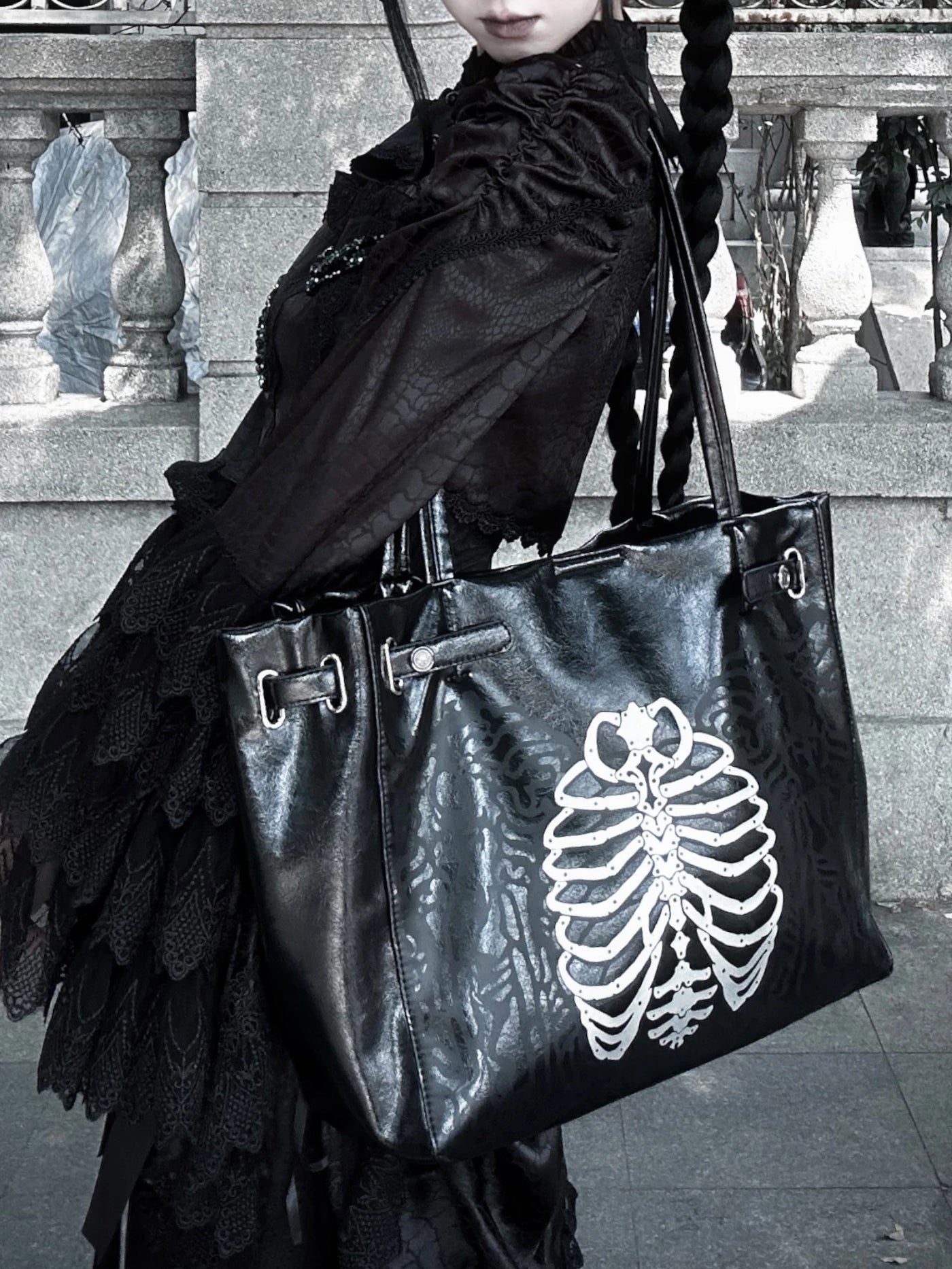 Vera s Mimosa - Dark Bone Graphic - Black Tote Bag with White Skeleton Print