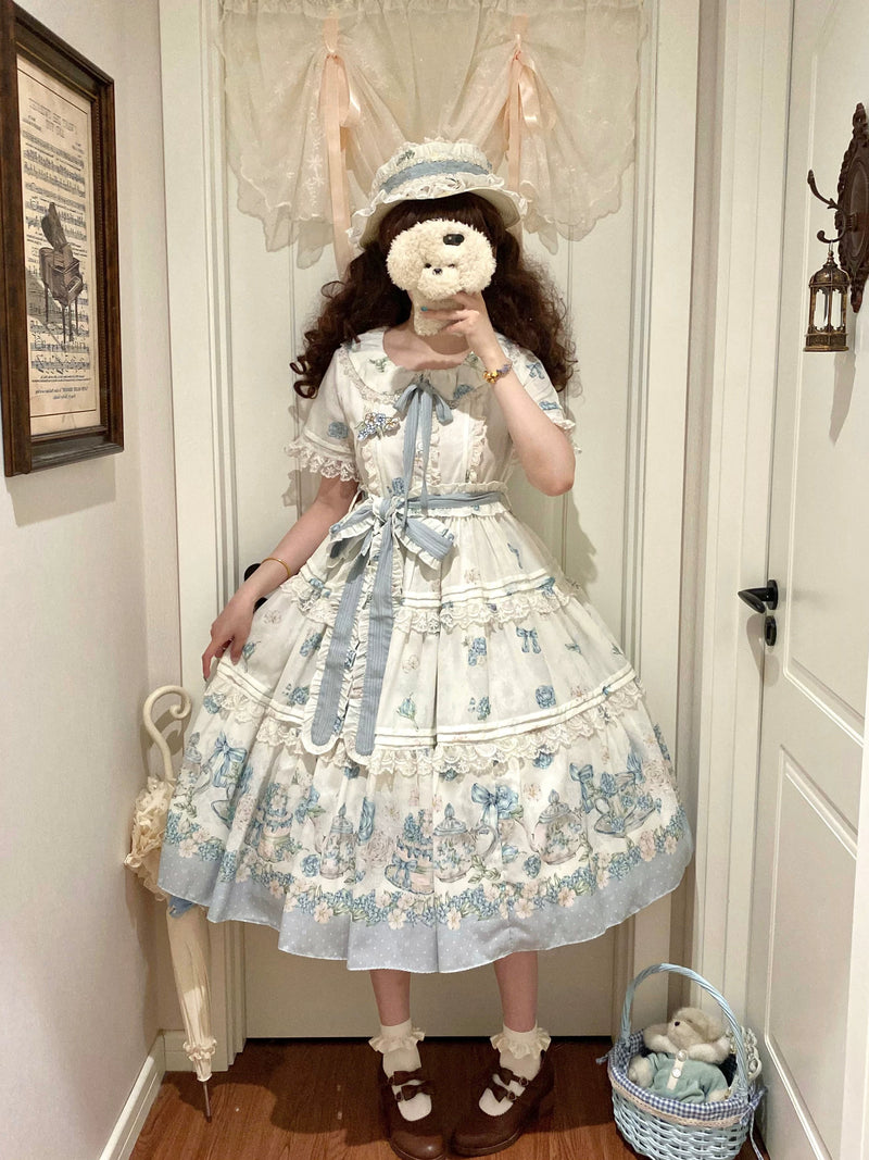 White Tea Story - Sweet Lolita Tea Party OP - Short-sleeve floral