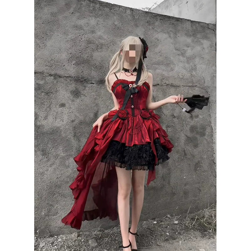 Creamy - Red Rose Train - Red JSK Dress with a Long Train