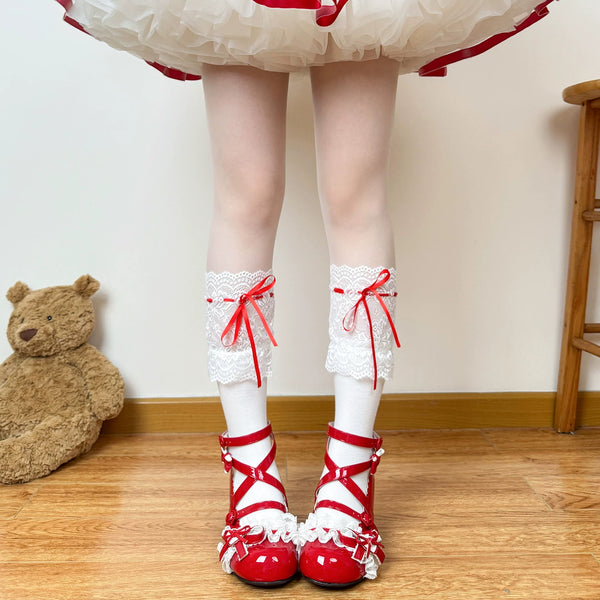 White and red ribbon sock options with lace and bow details