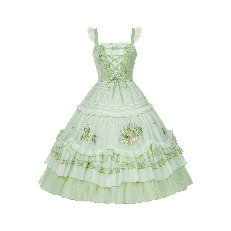 Green Grape - Embroidered Country Lolita OP Dress, Tiered JSK (L M S) 44986:831126