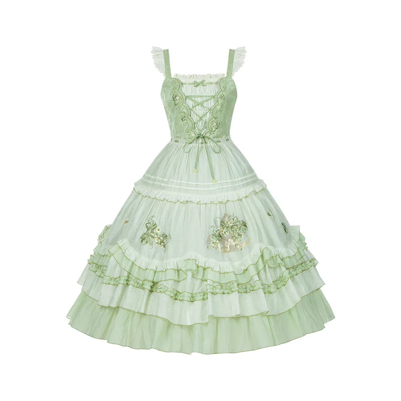 With PUJI - Green Grape - Embroidered Country Lolita OP Dress, Tiered JSK detail view 10