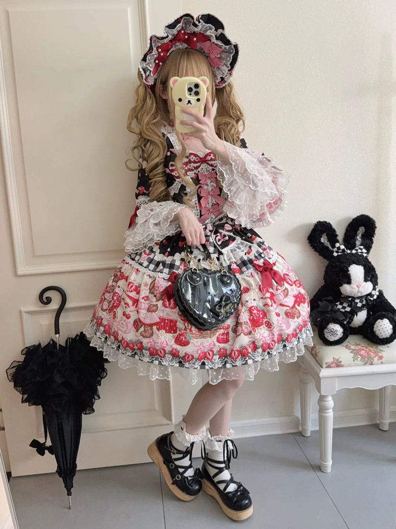 Tiantian - Strawberry - Long-Sleeved OP Dress with Lace Bows