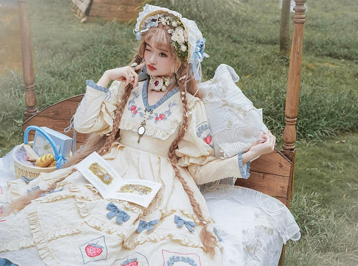 Baozi Pig - Strawberry Jam - Long-Sleeve OP with Red Strawberry Motifs and Blue-Grey Ruffles