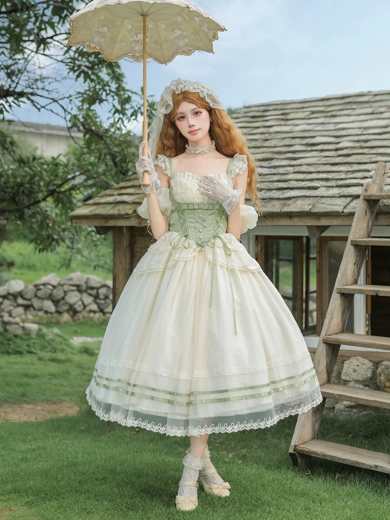 With PUJI - Unfailing - Classic Lolita Bow Jacquard Corset JSK Dress detail view 4