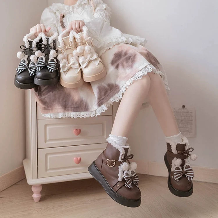 beauty bunny - Milk Bear - Lolita snow boots with striped butterfly bows - product detail 3