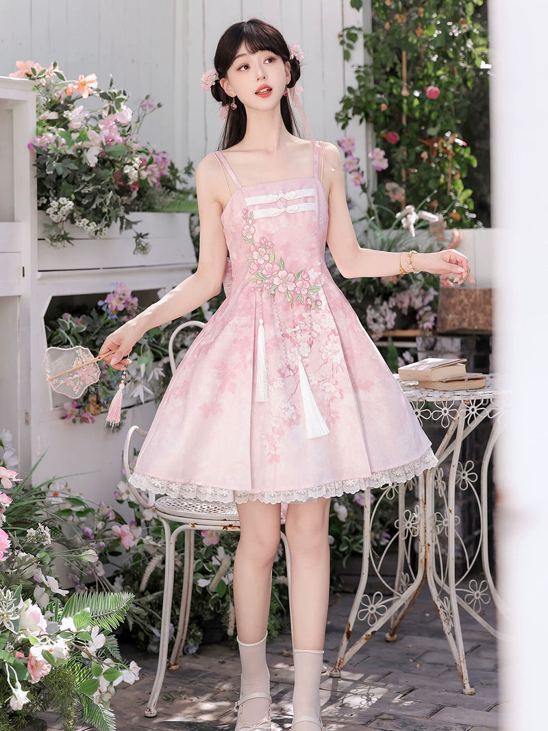 Sweet Promise - New Chinese-Style Blossom - Pink princess dress with floral embroidery and lace-trimmed top