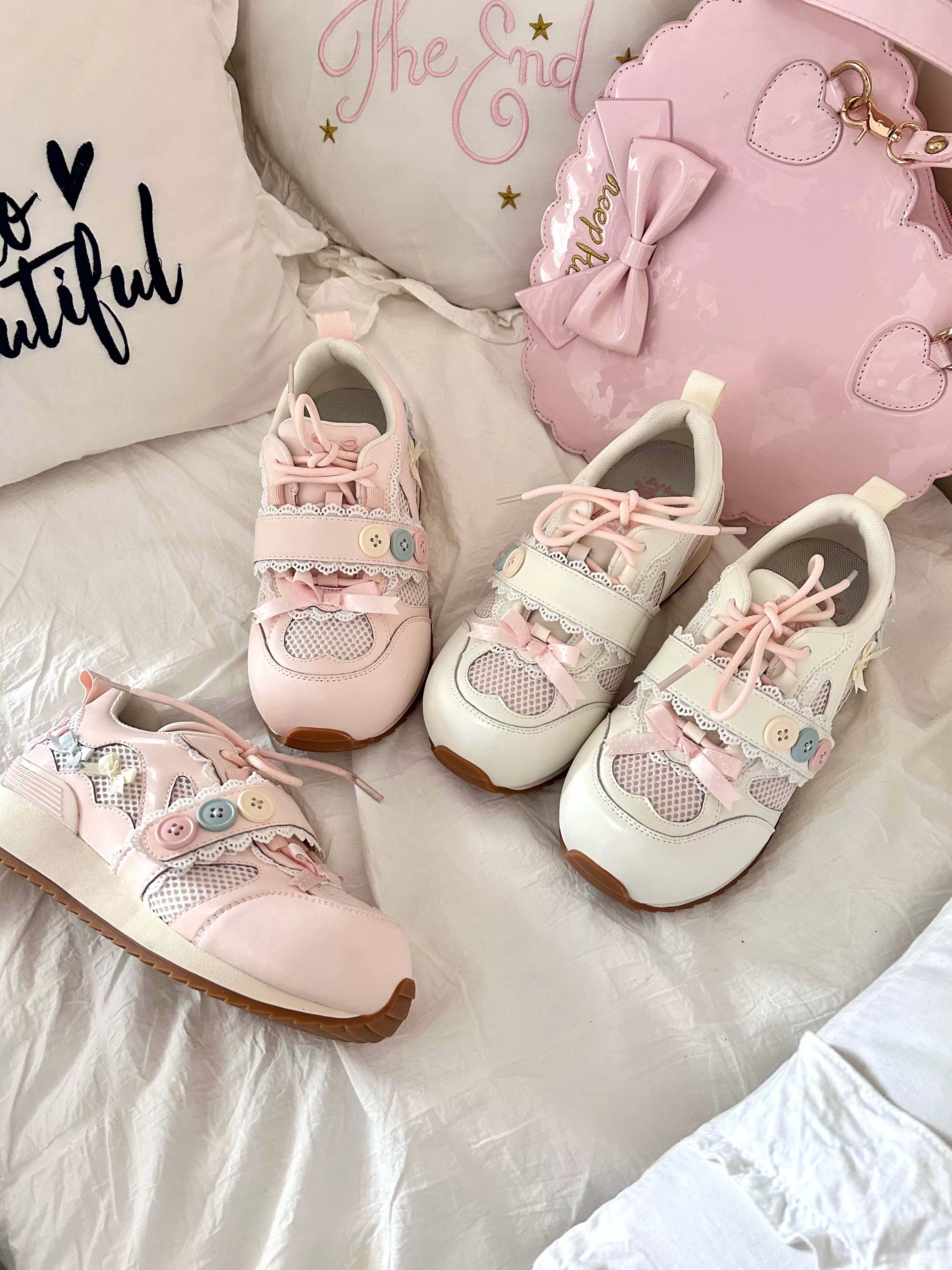Sheep Puff Little Button Lo-Run Lolita Sneakers featuring cute sheep puff design, white shoes with small button details and colorful accents.