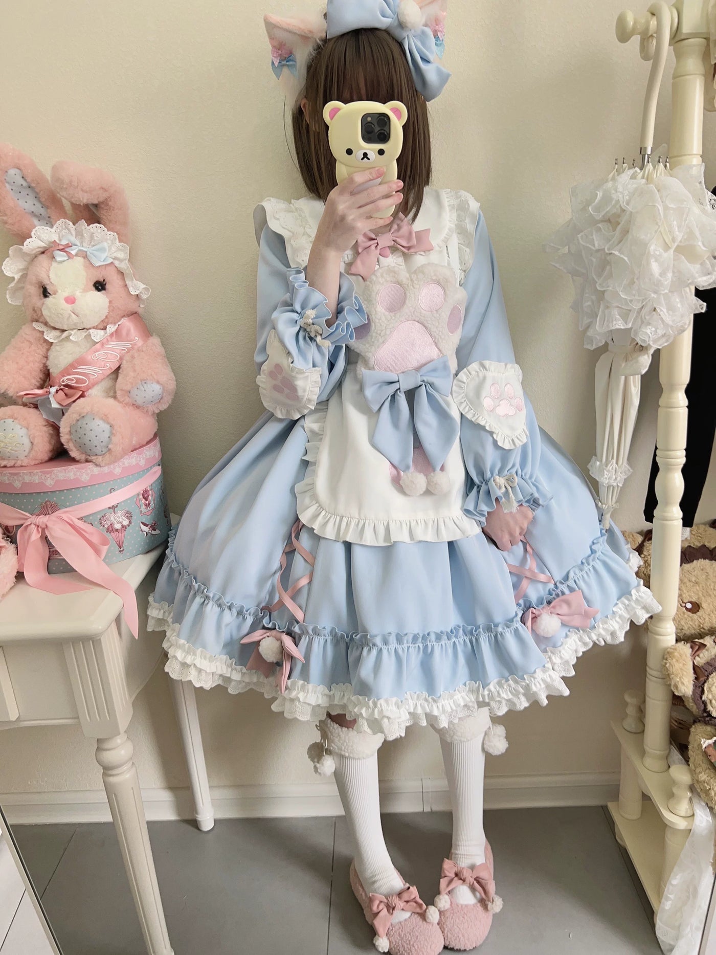 Tata Long Ear - Meow Meow - Blue OP Dress with a Ruffled Apron